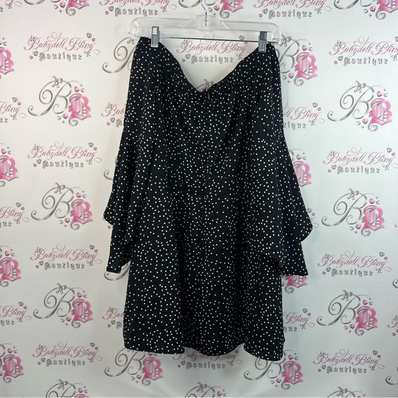 Showpo dress bell bottom sleeve dots Black and White Polka Dot Long Sleeve Dress - Picture 2 of 16